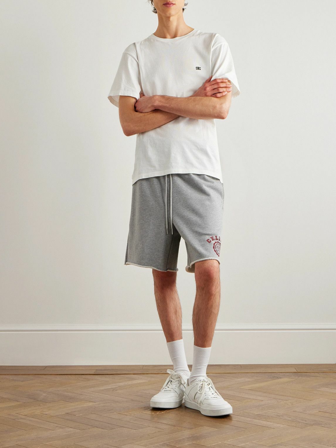 CELINE - Straight-Leg Logo-Flocked Cotton-Jersey Drawstring Shorts - Gray