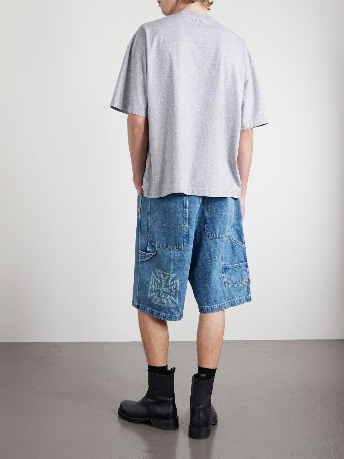 VETEMENTS - Biker Cross Wide-Leg Embroidered Denim Shorts - Blue
