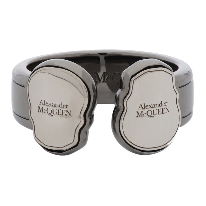 Photo: Alexander McQueen Gunmetal Twin Skull Tag Ring