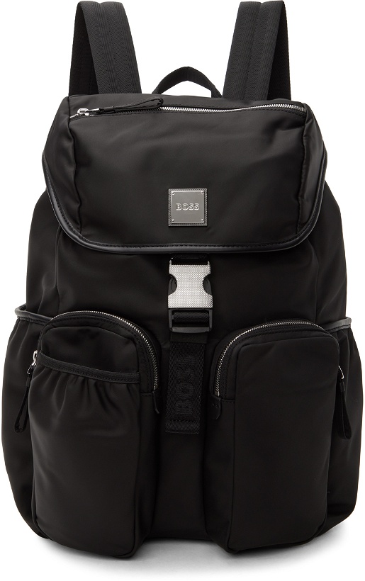 Photo: BOSS Black Flap-Closure Logo Patch Backpack