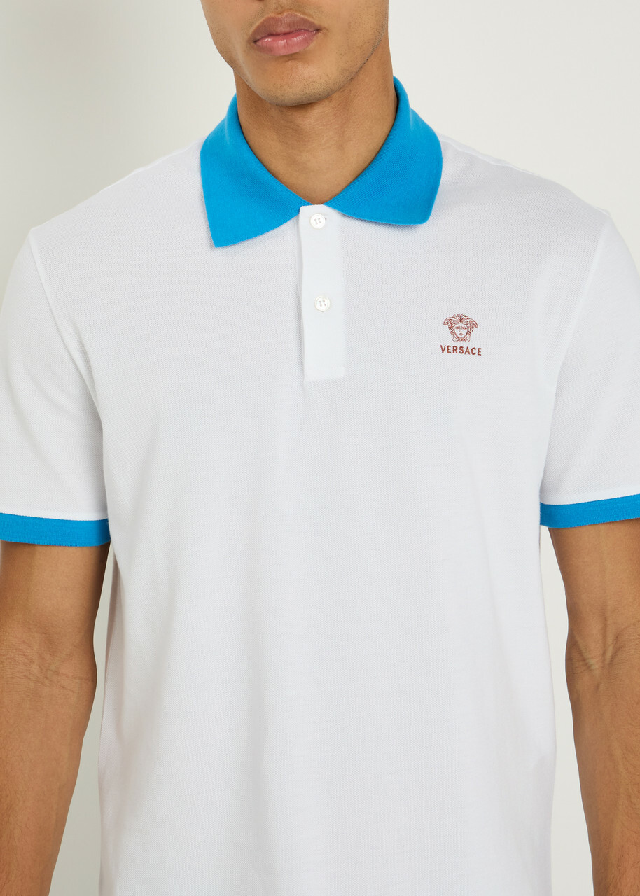 Versace Logo-embroidered Piqué Cotton Polo Shirt White And Blue