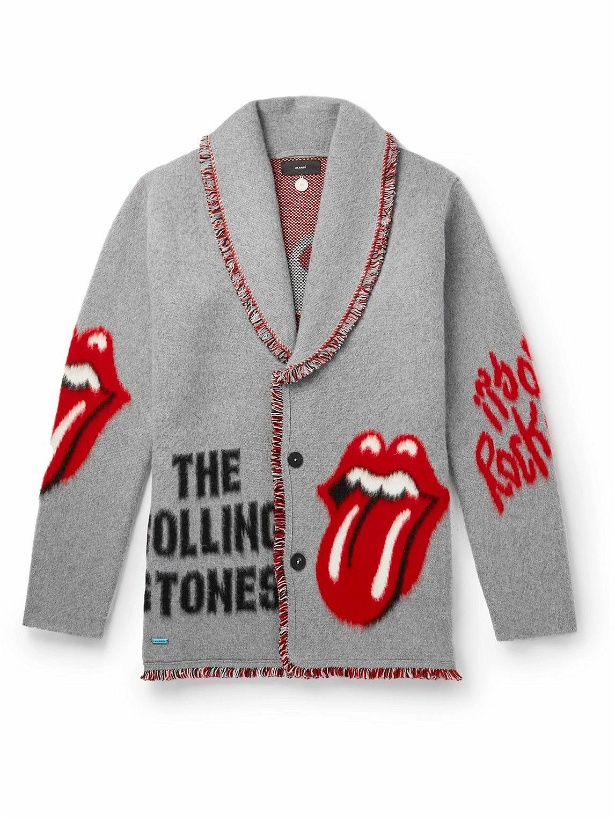 Photo: Alanui - The Rolling Stones Shawl-Collar Fringed Virgin Wool Jacquard Cardigan - Gray