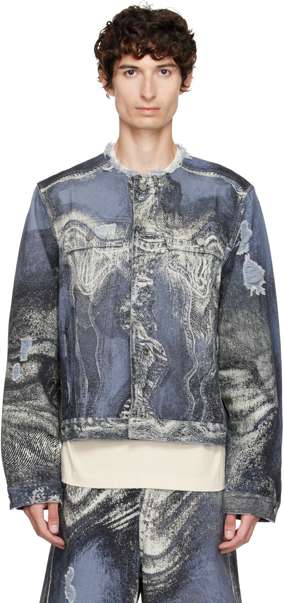 CAMPERLAB Blue Distorted Print Distressed Denim Jacket
