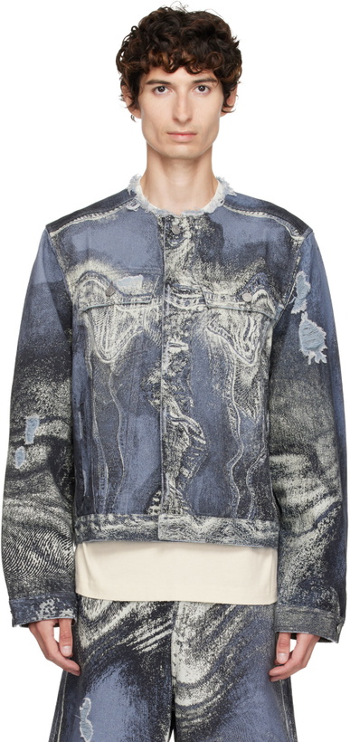 Photo: CAMPERLAB Blue Distorted Print Distressed Denim Jacket