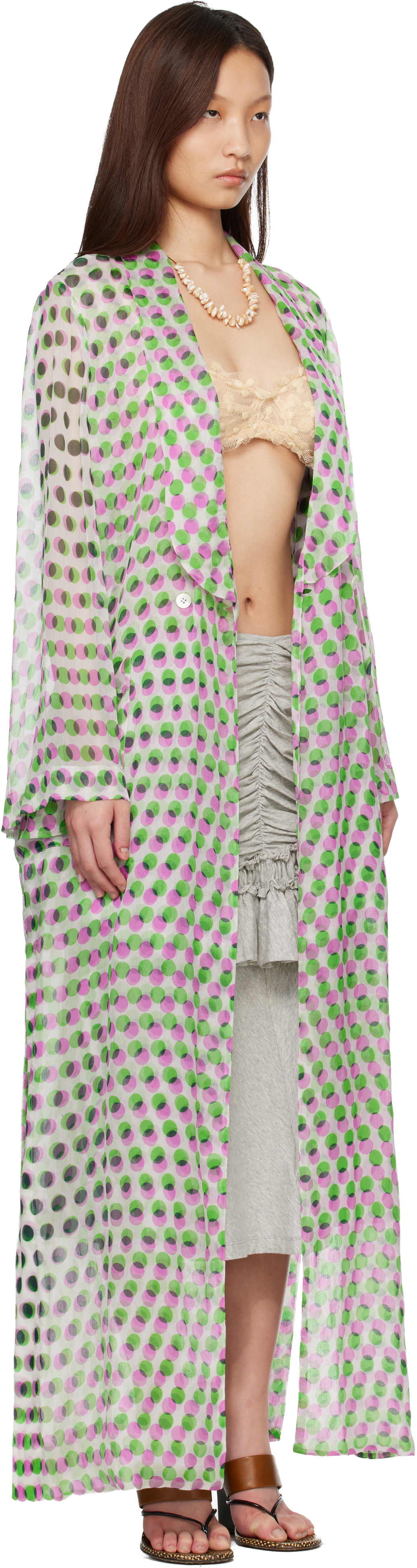 Dries Van Noten White & Green Polka Dot Print Silk Creponne Jacket