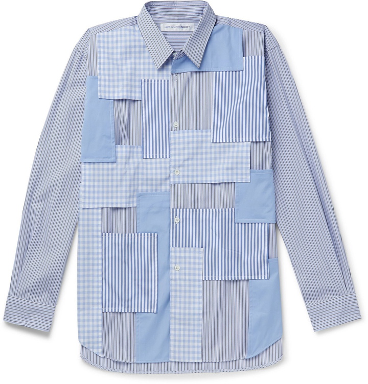 Photo: Comme des Garçons SHIRT - Patchwork-Panelled Striped Cotton-Poplin Shirt - Blue