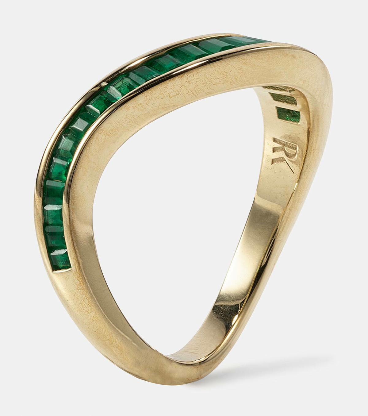 Rainbow K Wave 9kt gold rind with emeralds