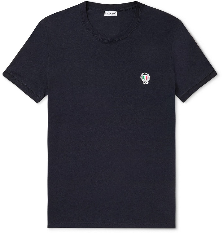Photo: DOLCE & GABBANA - Slim-Fit Logo-Appliquéd Stretch-Cotton Jersey T-Shirt - Blue