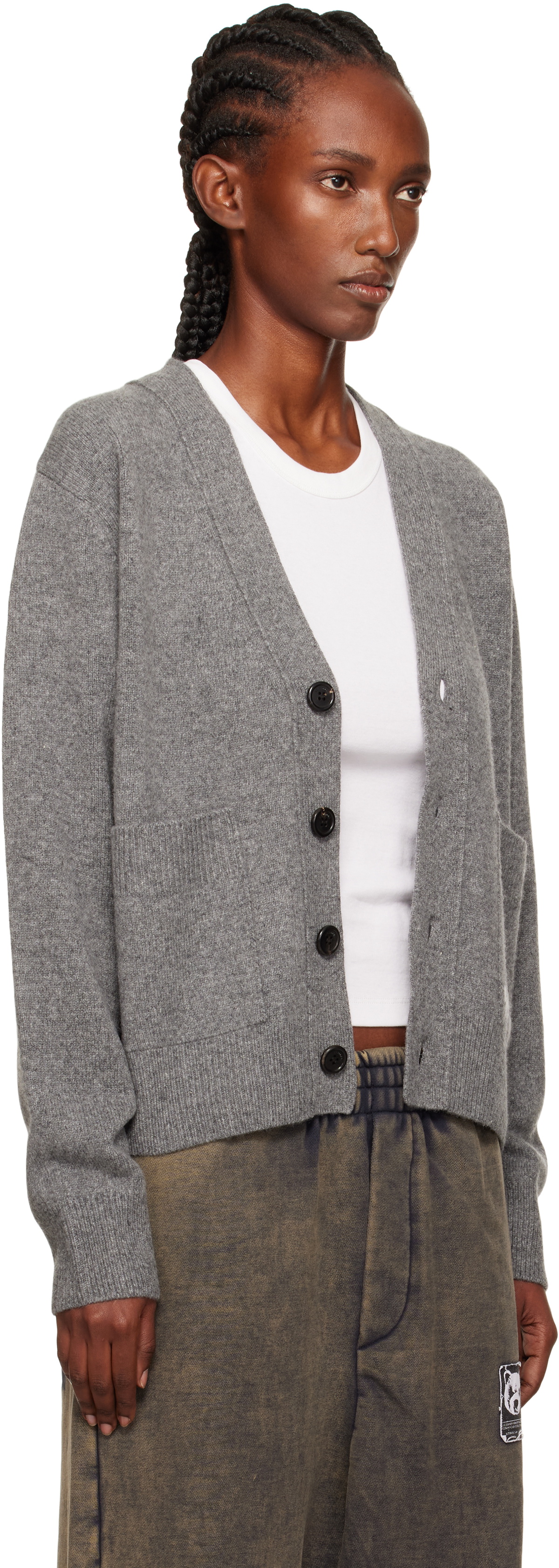 We11done Gray Pocket Logo Knit Cardigan