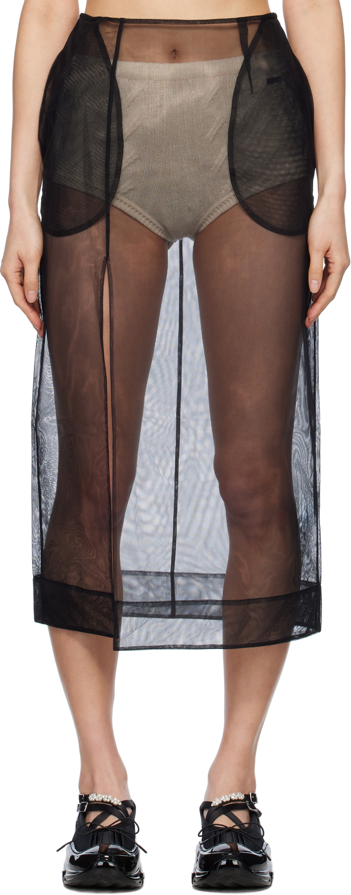 Simone Rocha Black Sheer Slit Pencil Midi Skirt