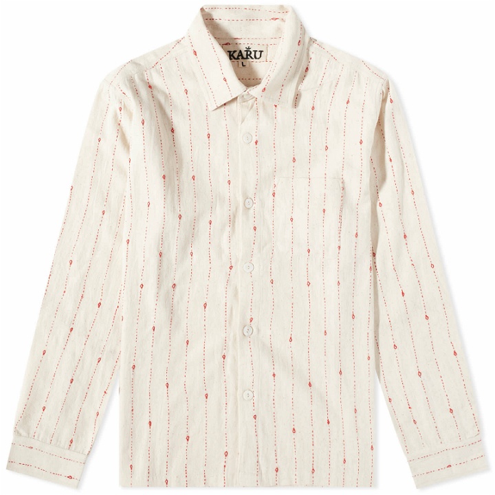 Photo: Karu Research Men's Embroidered Cotton Shirt in Ecru/Red