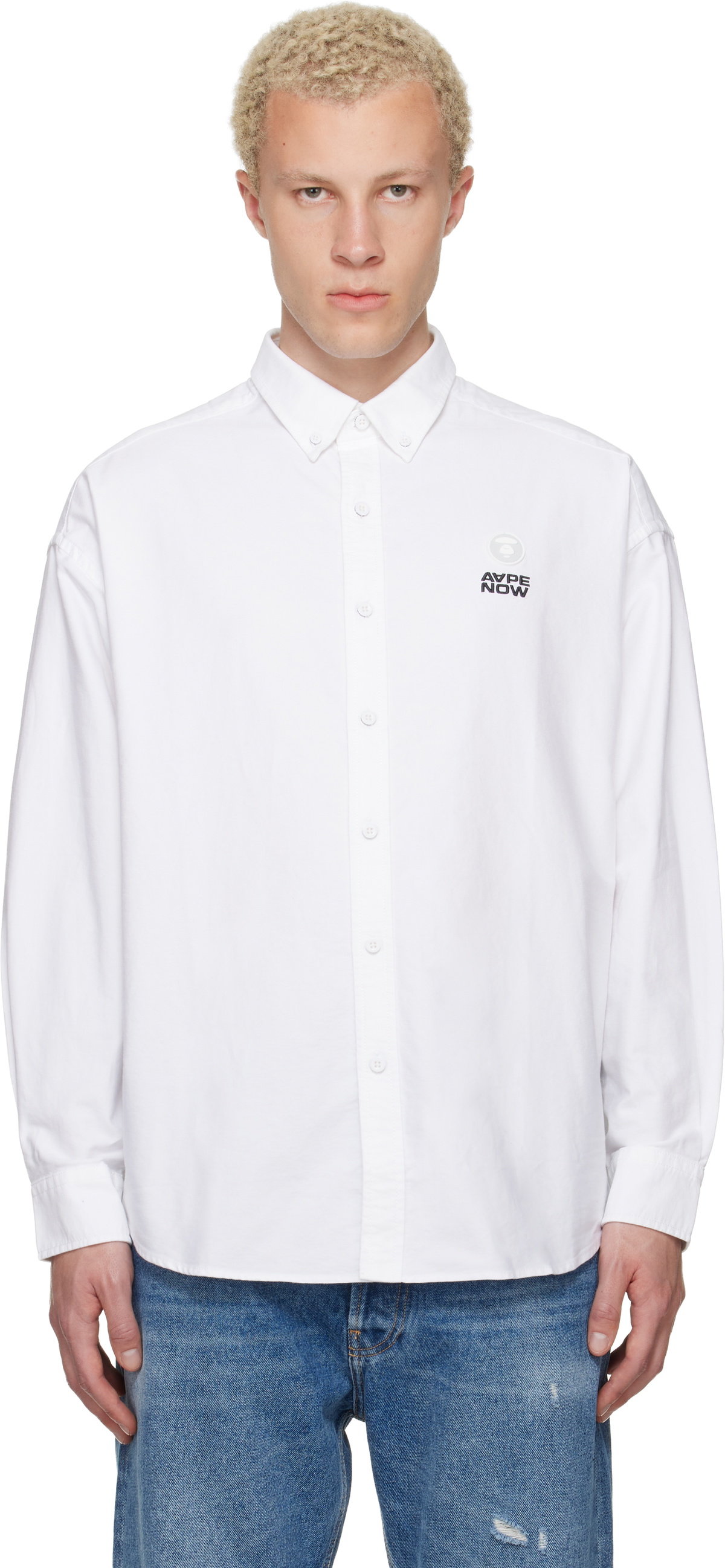 AAPE by A Bathing Ape White 'AAPENOW' Moonface Logo Long Sleeve Shirt