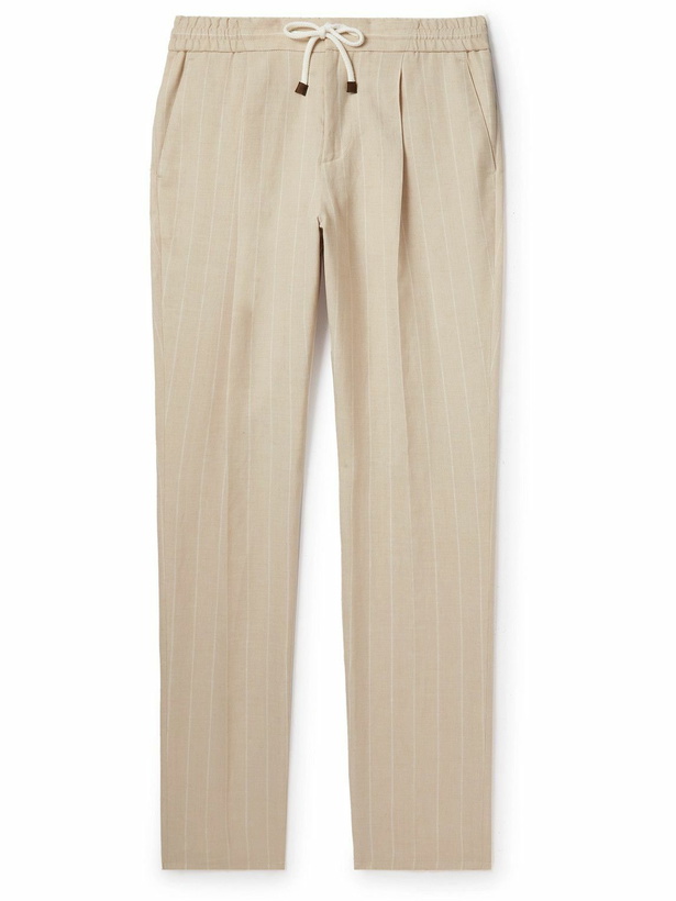 Photo: Brunello Cucinelli - Straight-Leg Pleated Striped Linen and Wool-Blend Drawstring Trousers - Neutrals