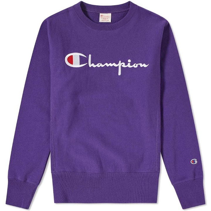 Photo: Champion Reverse Weave Script Logo Crew Sweat Purple