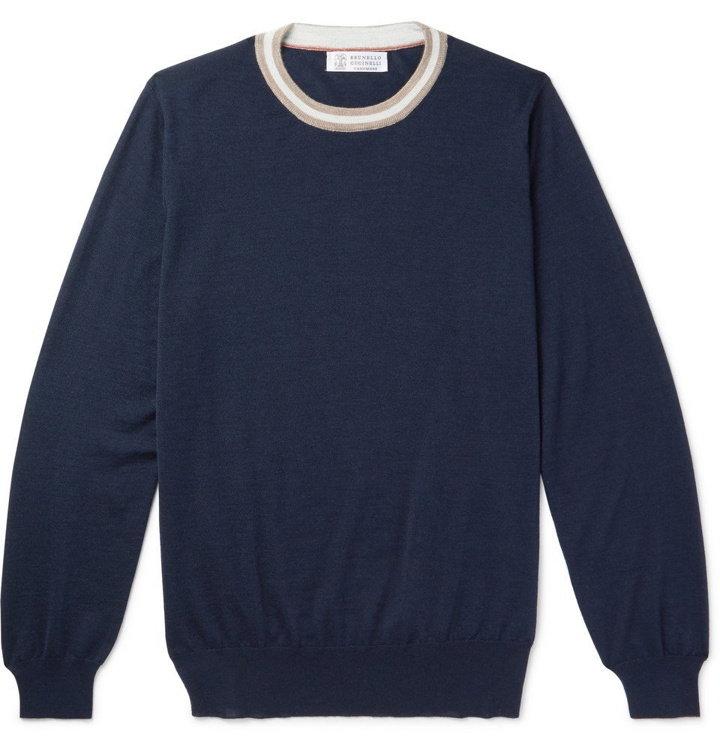 Photo: Brunello Cucinelli - Stripe-Trimmed Cashmere and Silk-Blend Sweater - Navy