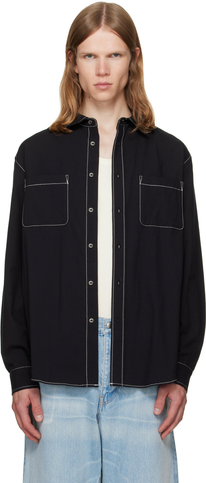 vowels Black Double Pocket Shirt