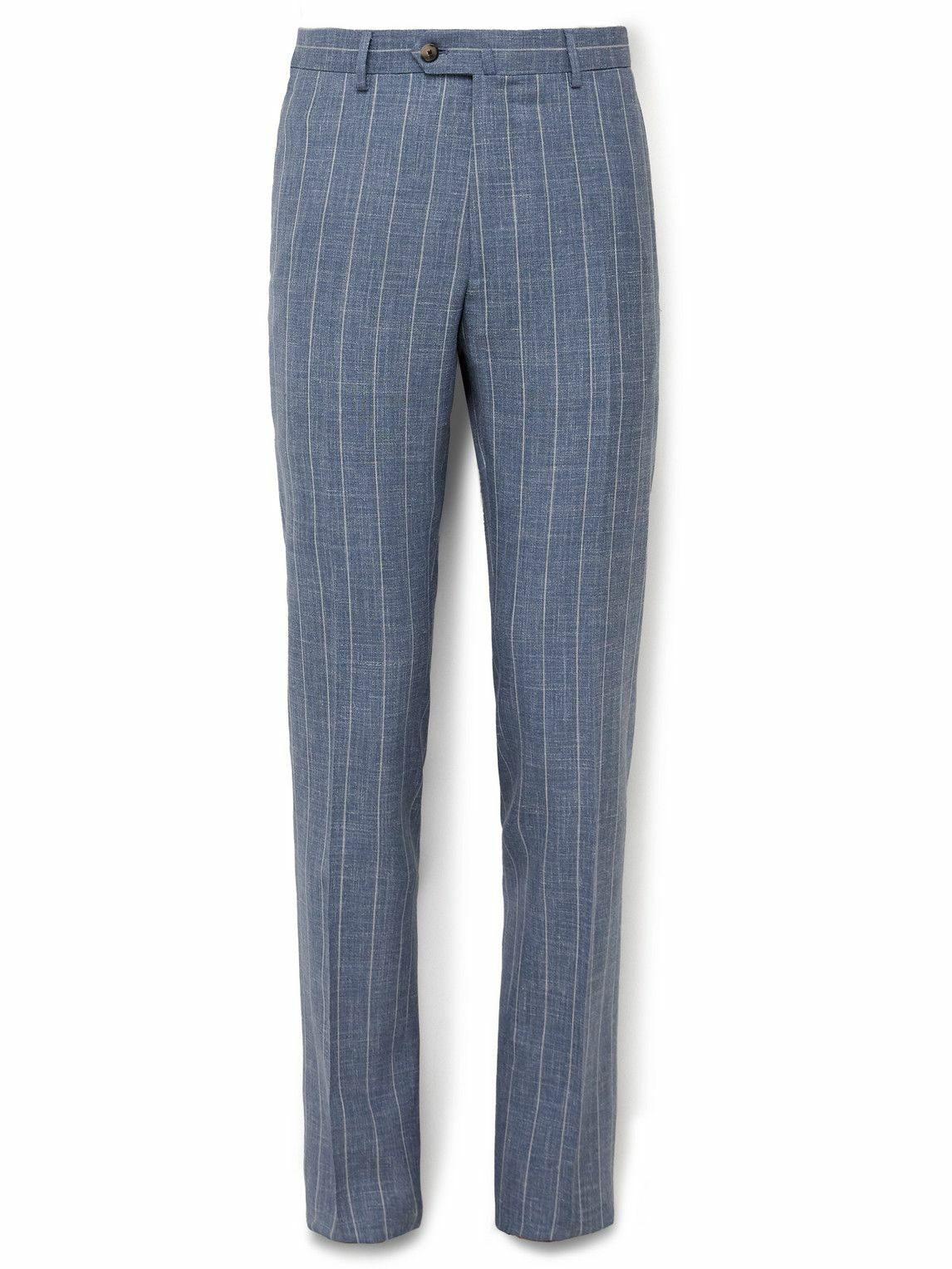 Caruso - Slim-Fit Striped Wool, Silk and Linen-Blend Suit Trousers - Blue