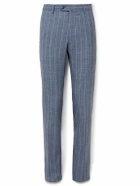 Caruso - Slim-Fit Striped Wool, Silk and Linen-Blend Suit Trousers - Blue
