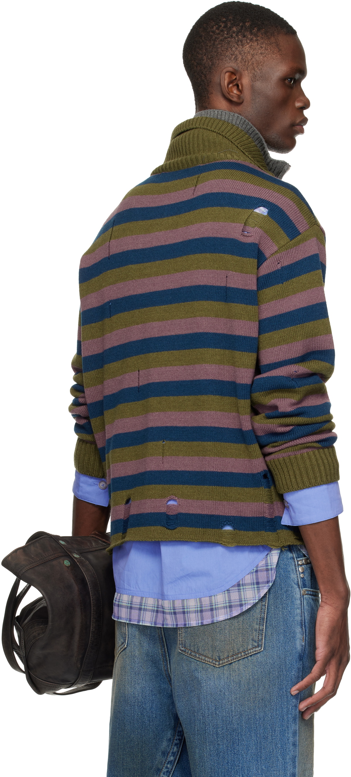 Andersson Bell Blue & Gray Double Layered Stripe Half Zip-Up Sweater