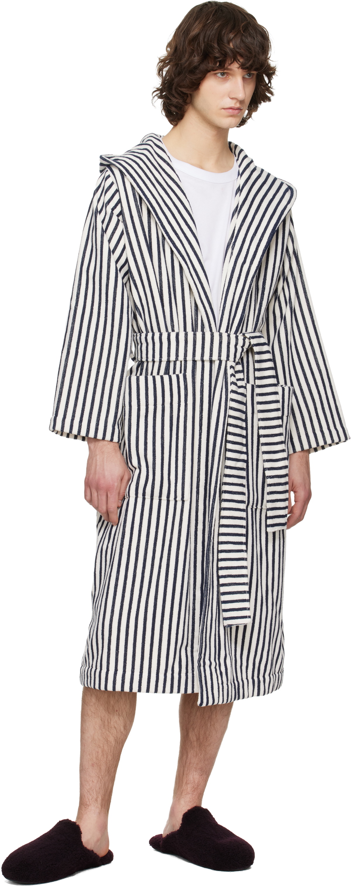 Tekla Off-White & Navy Terry Hooded Bathrobe