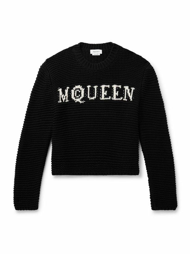 Photo: McQueen - Cropped Ribbed Logo-Jacquard Cotton Sweater - Black