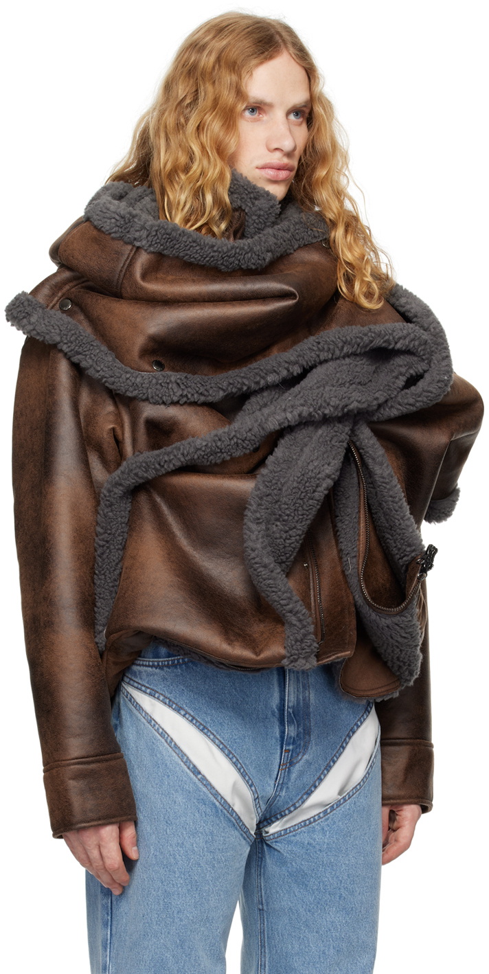 Y/Project Brown & Gray Snap Off Panel Hood Aviator Faux-Leather