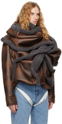 Y/Project Brown & Gray Snap Off Panel Hood Aviator Faux-Leather Jacket