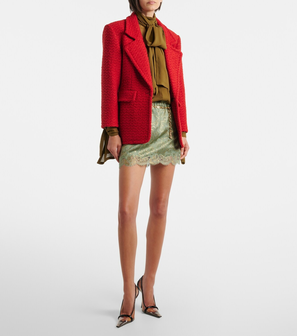 Saint Laurent Lace-trimmed cotton-blend jacquard miniskirt
