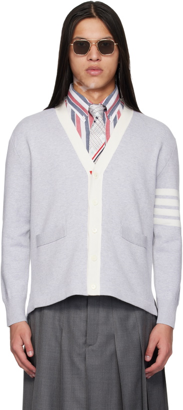 Photo: Thom Browne Gray Crest Intarsia Jacquard 4-Bar Rugby Fit Cardigan