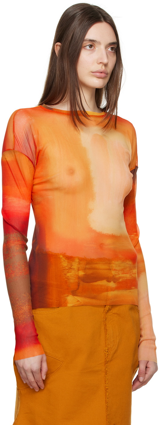 Paula Canovas Del Vas Orange Semi-Sheer Long Sleeve T-Shirt
