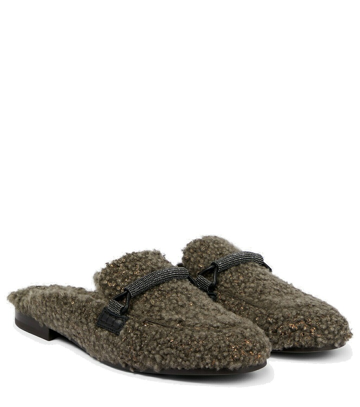 Photo: Brunello Cucinelli Embellished shearling slippers