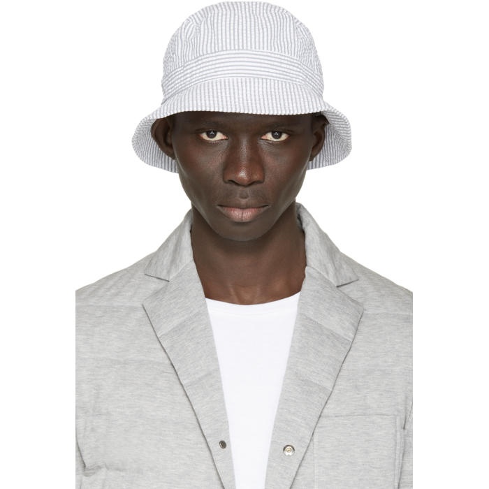 Photo: Moncler Gamme Bleu White and Grey Seersucker Bucket Hat