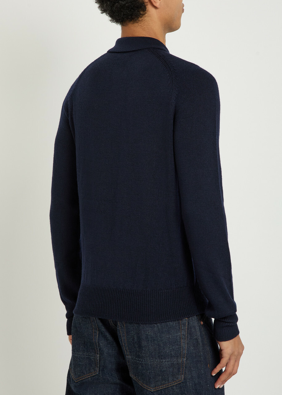Drake's Merino Wool Polo Jumper Navy