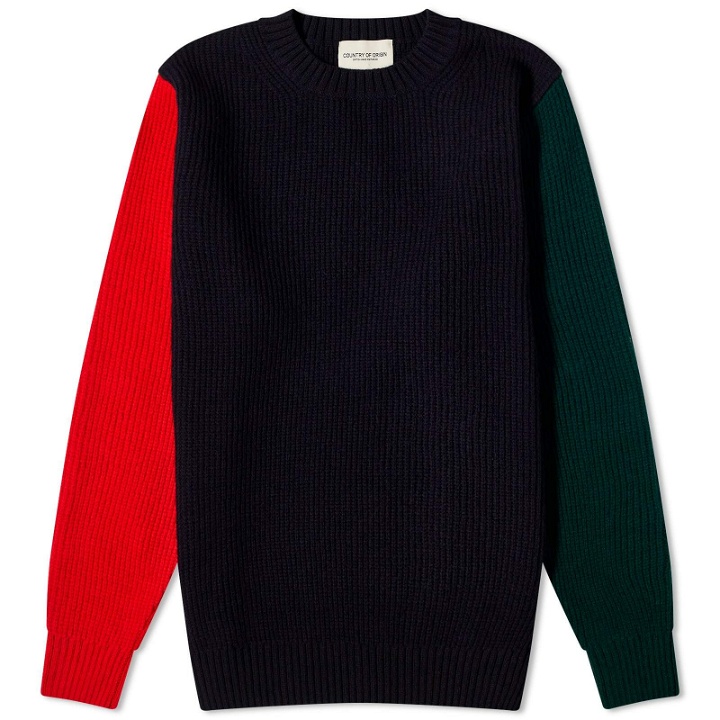 Photo: Country Of Origin Men's Tri Block Crew Knit in Navy/Red/Green