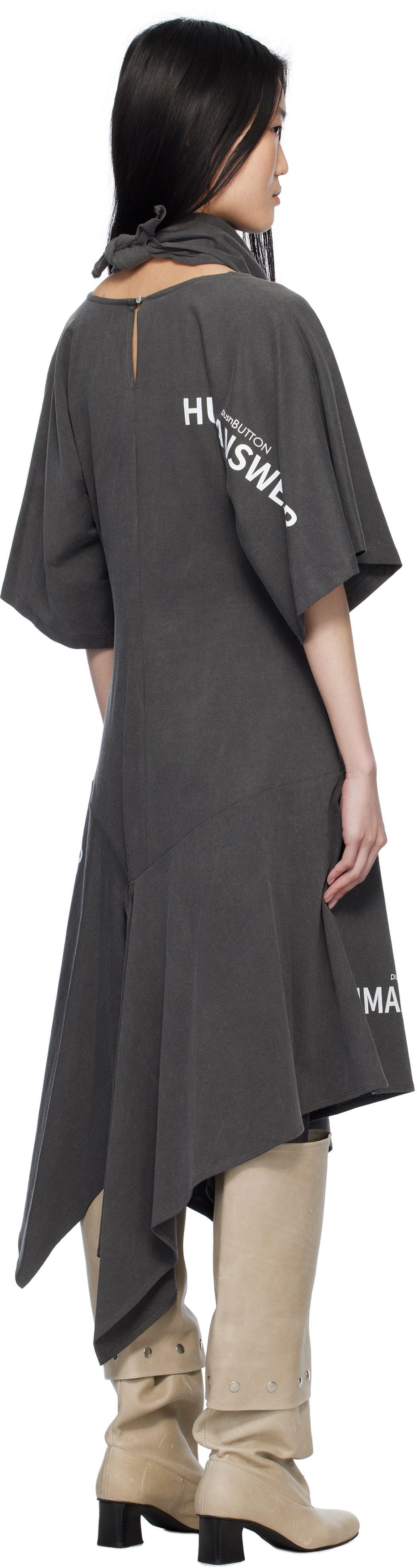 Pushbutton Gray Scarf Midi Dress