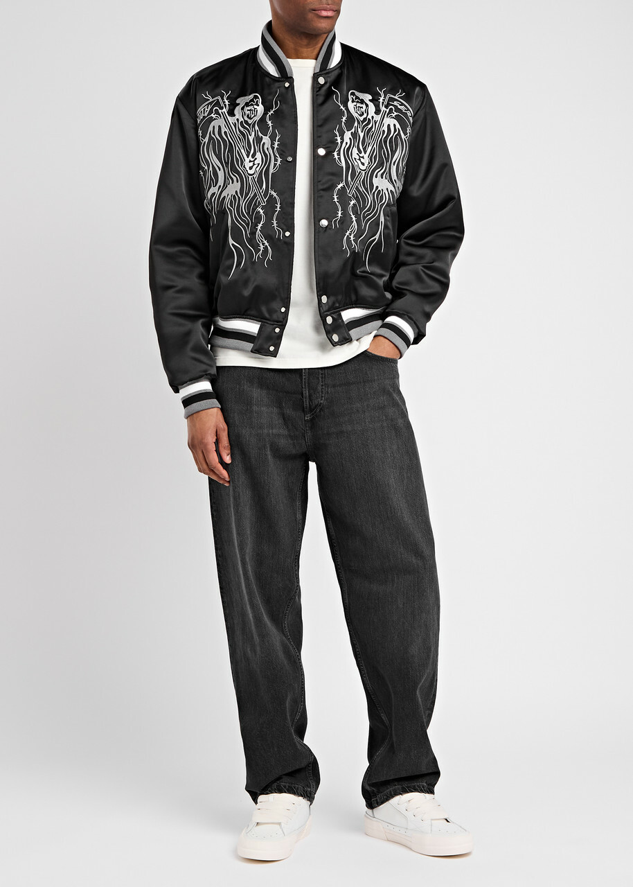 Warren Lotas Serenity Reaper Embroidered Satin Bomber Jacket Black