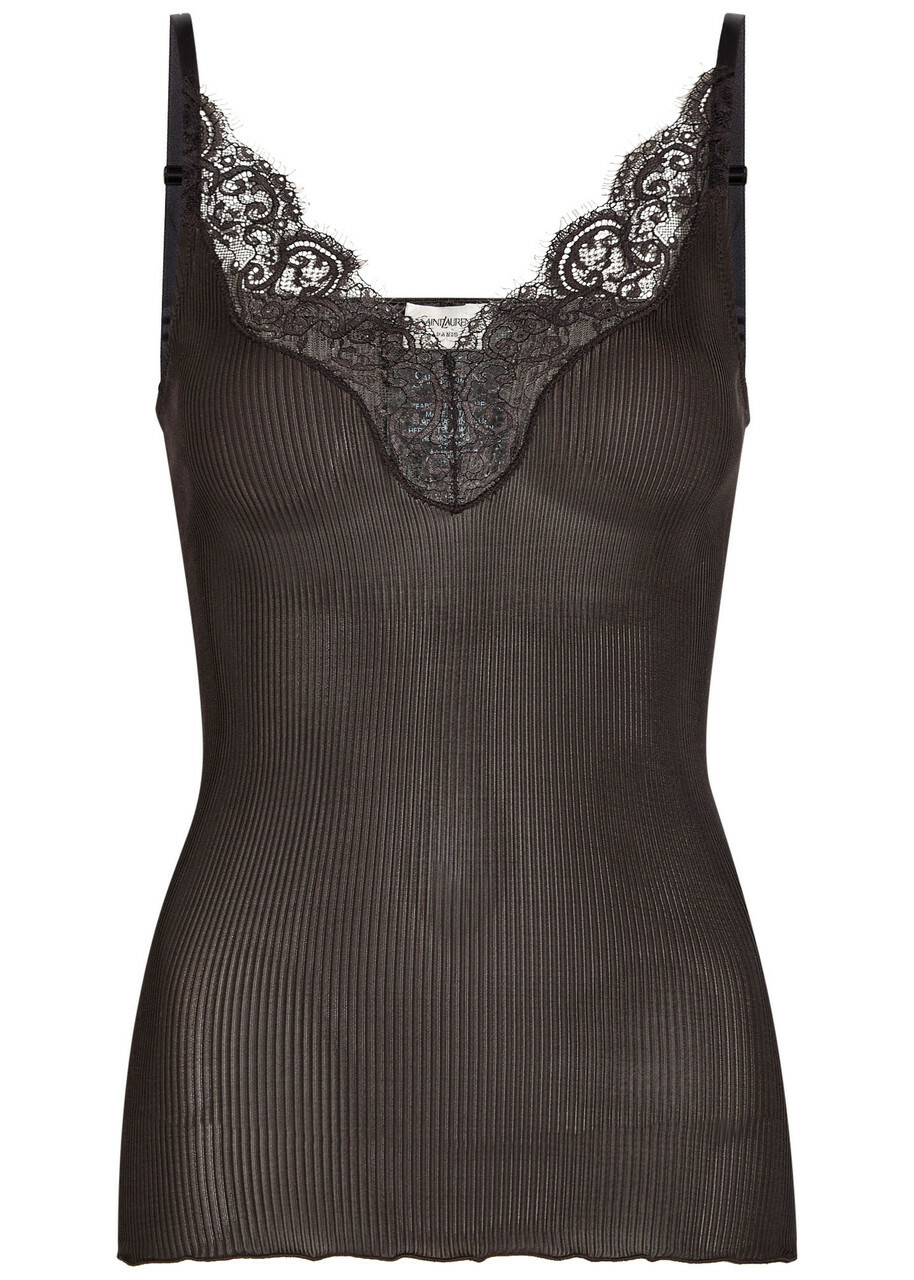 Saint Laurent Lace-trim Ribbed Silk Tank top Brown