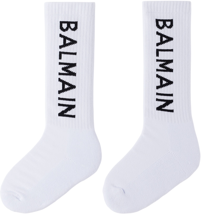 Balmain Kids White & Black Logo Socks Balmain