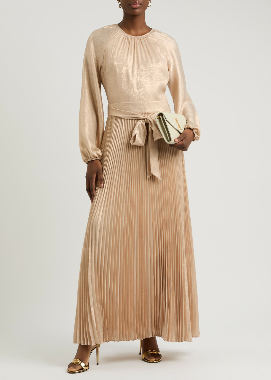 Jonathan Simkhai Varenya Belted Metallic Maxi Dress Gold