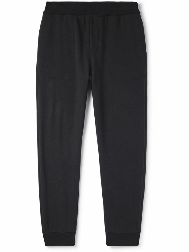 Photo: Zegna - Tapered Logo-Embroidered Cotton-Blend Jersey Sweatpants - Black