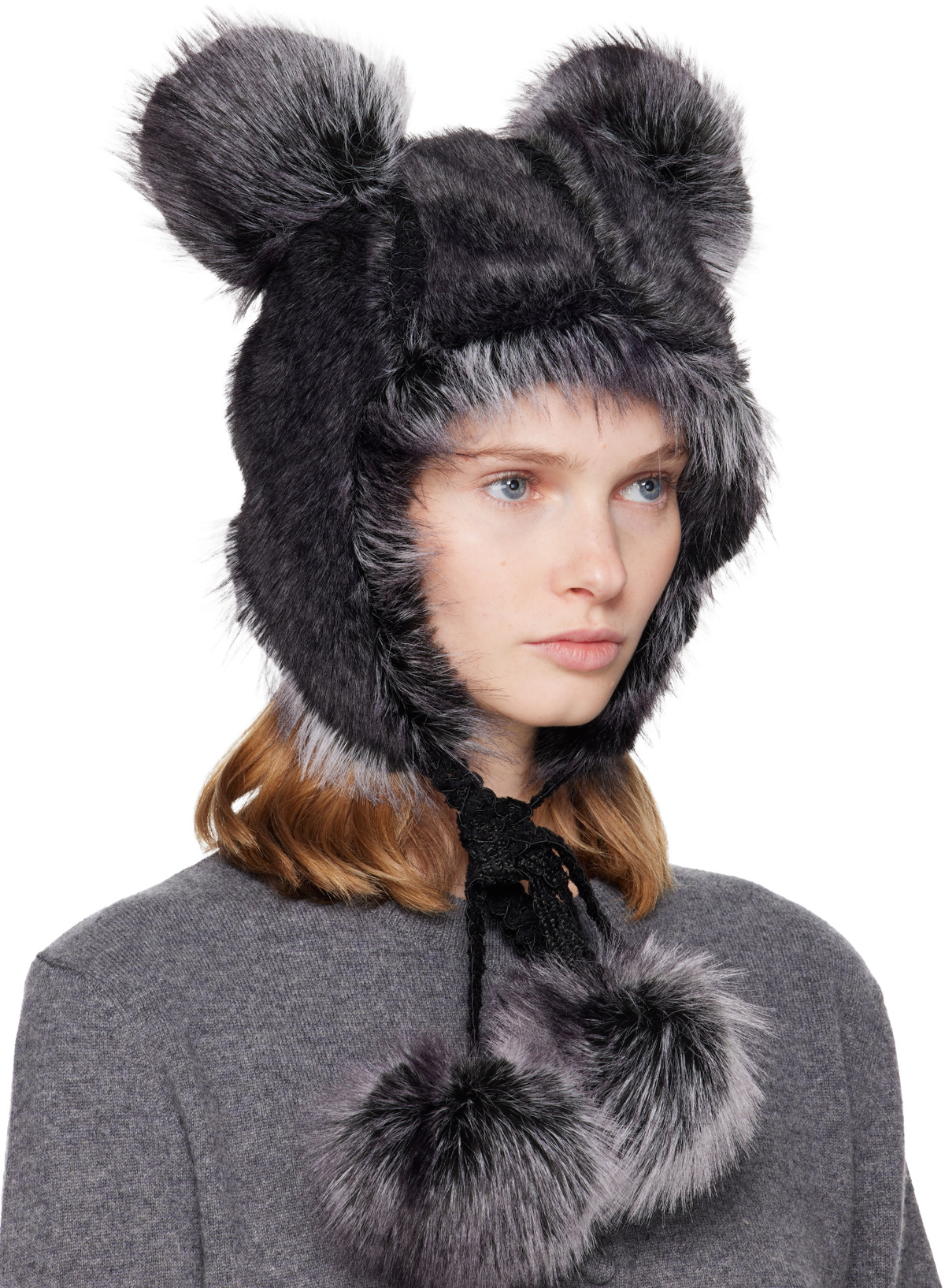 Anna Sui SSENSE Exclusive Black & Gray Faux Fur Teddy Bear Hat