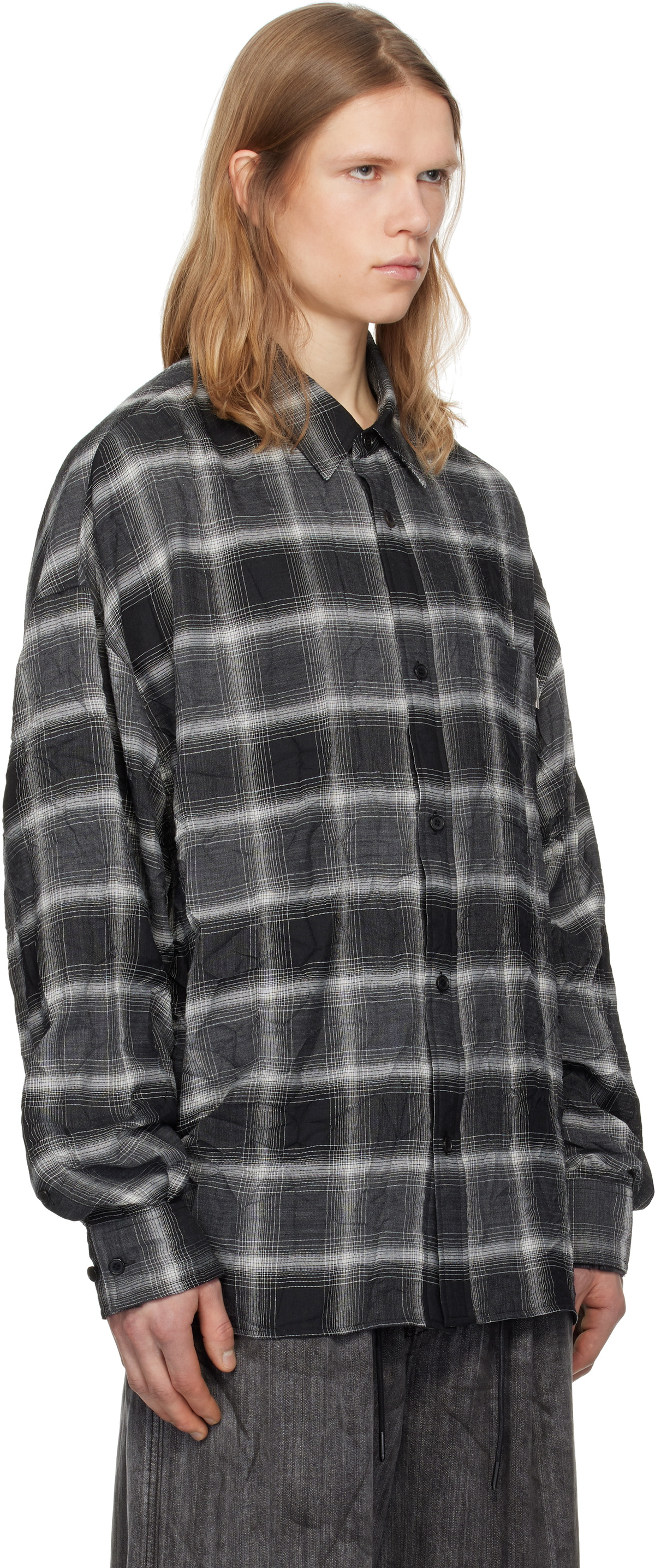 Juun.J Gray Crinkled Check Shirt