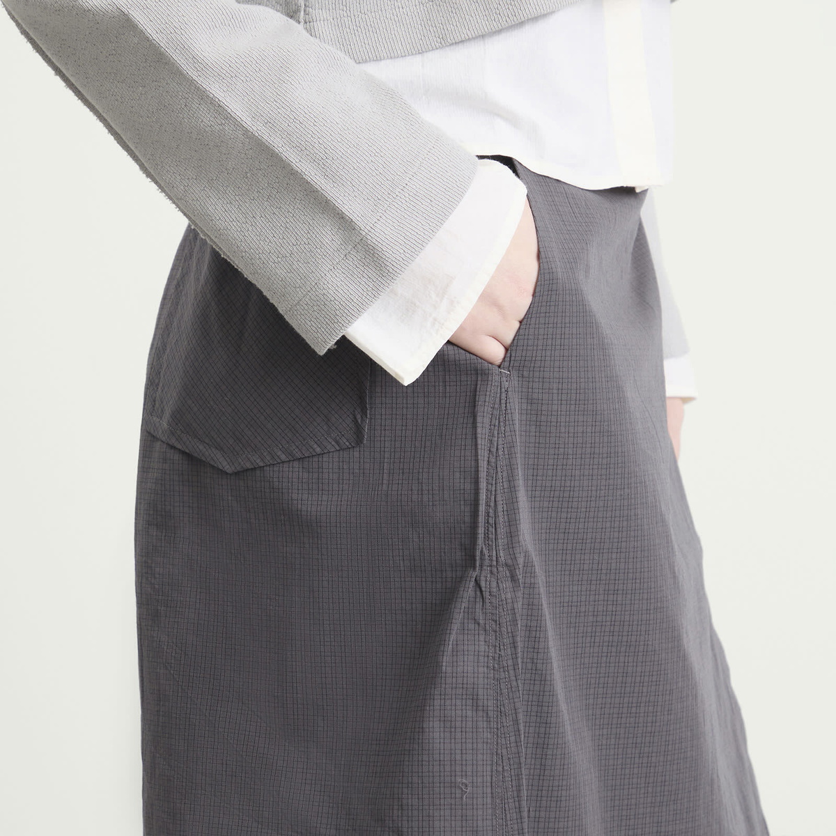 mfpen Women's Classic Wrap Skirt in Mushroom Micro Check Poplin
