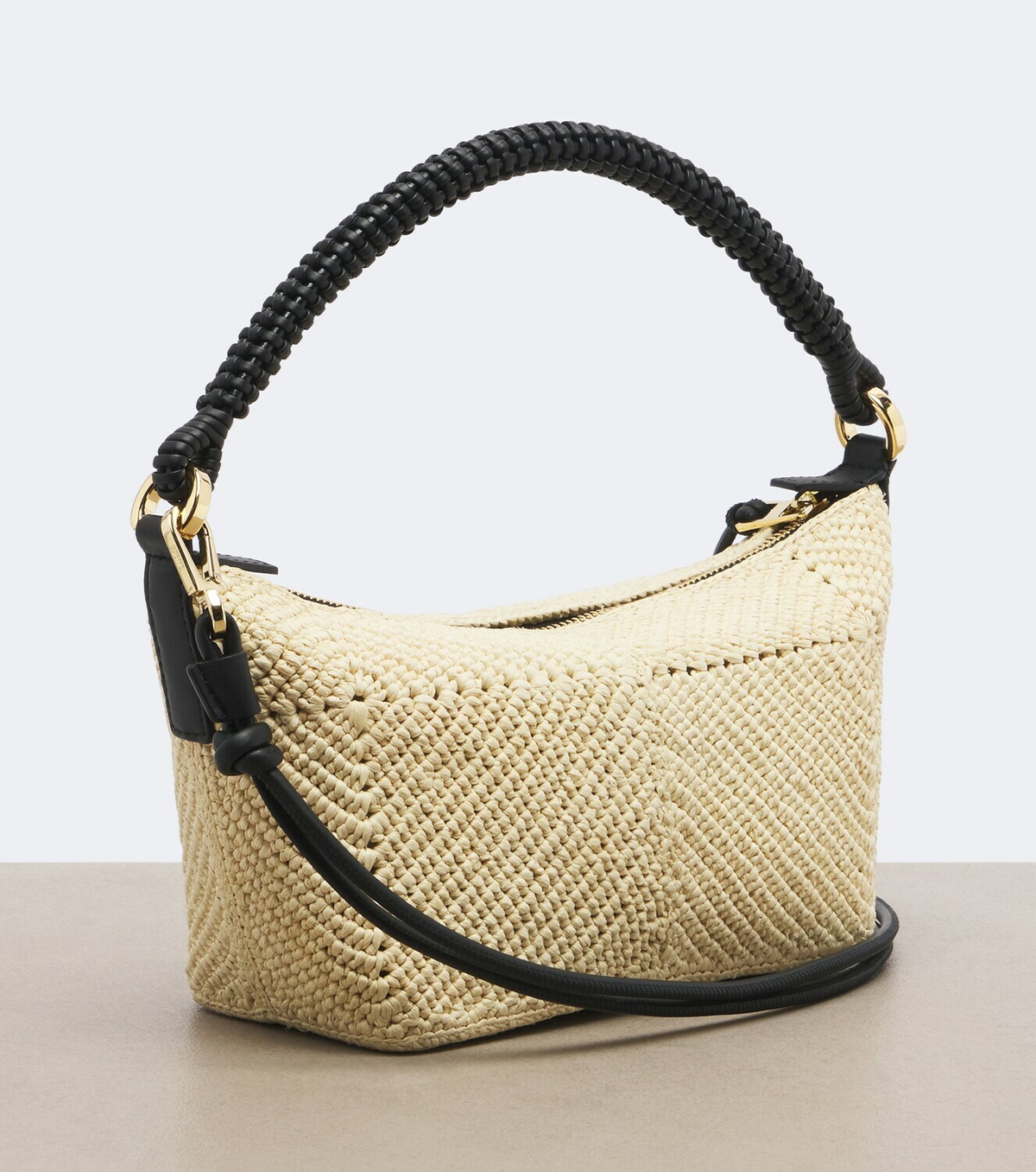 Loewe Cala Mini leather-trimmed raffia top-handle bag