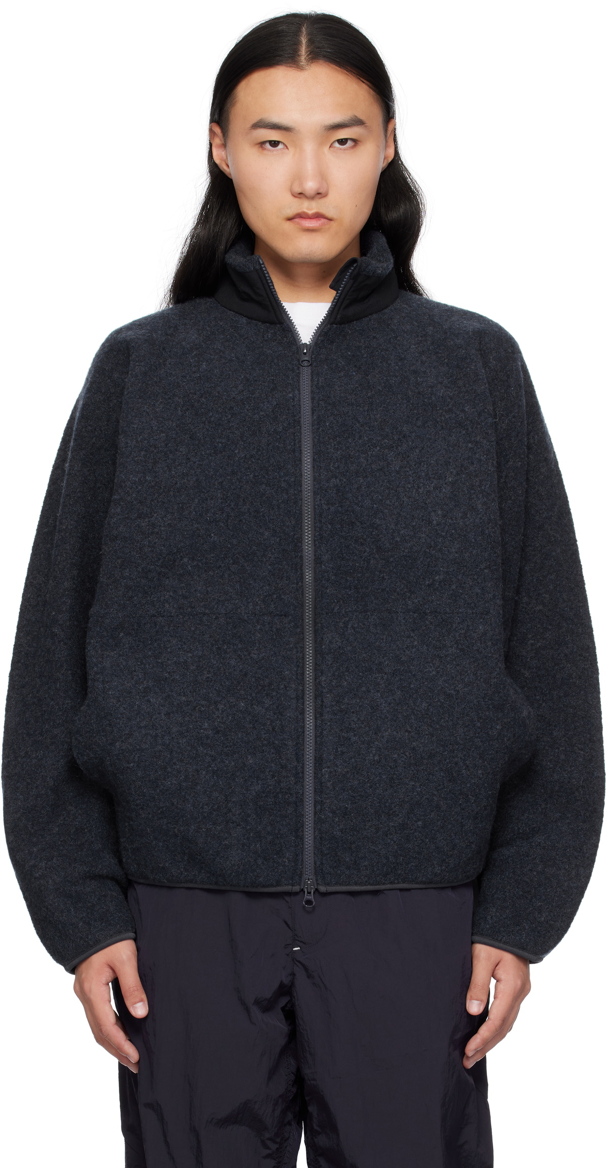 nanamica Navy Boiled Wool Zip Up Jacket