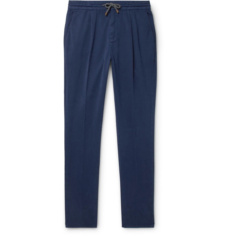 Photo: Brunello Cucinelli - Tapered Pleated Cotton-Blend Twill Drawstring Trousers - Blue