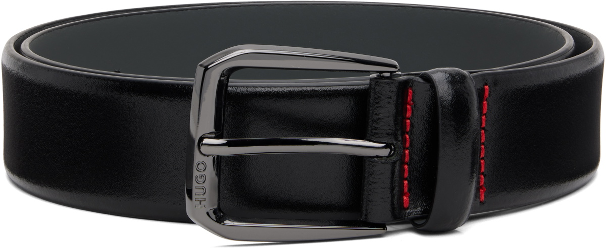 Hugo Black Leather Branded Buckle Belt Hugo Boss