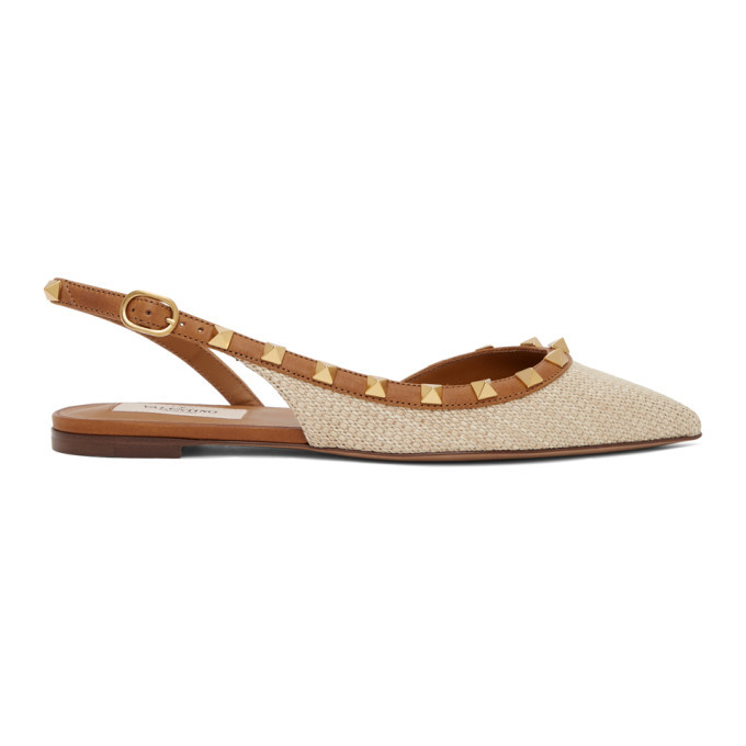 Valentino Beige Valentino Garavani Rockstud Slingback Raffia Ballerina ...