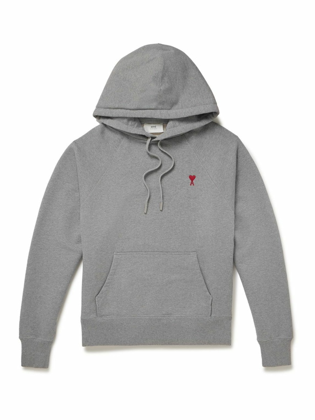 Photo: AMI PARIS - Logo-Embroidered Cotton-Jersey Hoodie - Gray