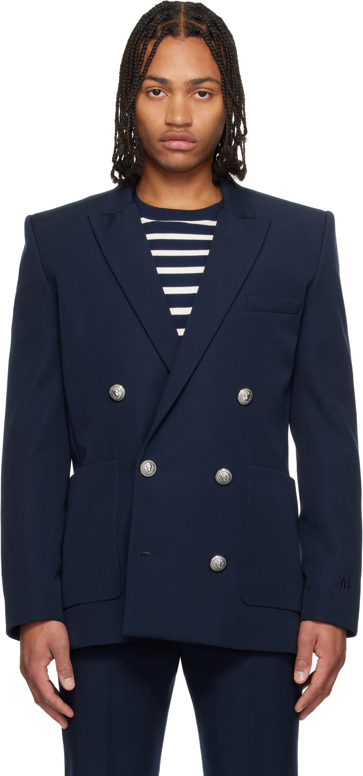 Balmain Navy Grain de Poudre Blazer